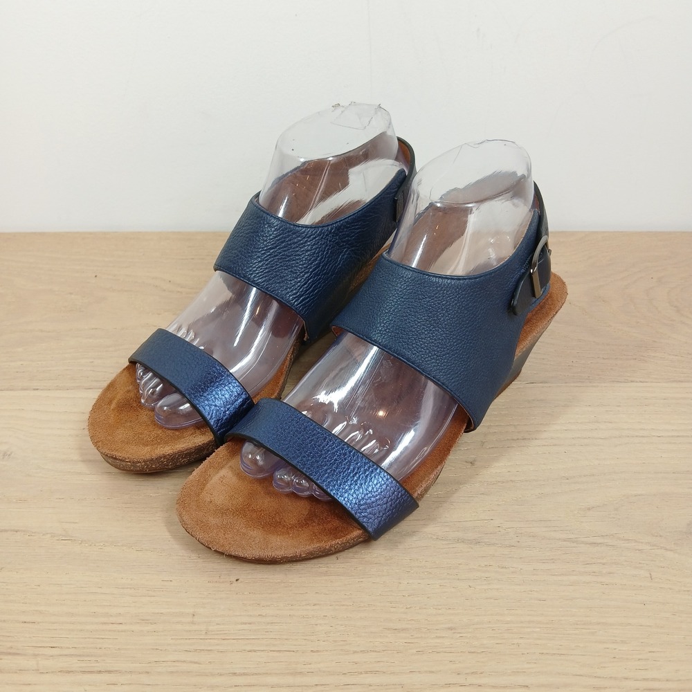 Sofft Women's Navy Blue Leather Metallic Wedge Sandals Buckle Ankle Strap 2 Inch